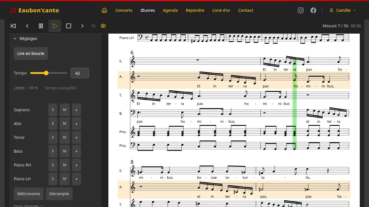 Partition affichée dans le Répétiteur avec un curseur qui avance mesure après mesure, synchronisé sur la musique