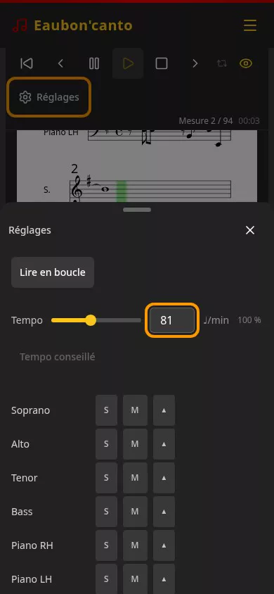 Le Répétiteur affiché sur un téléphone, panneau de réglages ouvert en bas de l'écran